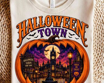 Miasteczko Halloween PNG, projekt koszulki vintage na Halloween, upiorne gotyckie miasteczko, grafika z dynią na Halloween, koszulka retro na Halloween do pobrania w wersji cyfrowej