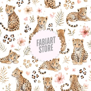 Pode incluir: Um padrão repetitivo com ilustrações em aguarela de crias de leopardo, flores rosa-pálido, folhas castanhas e pequenos corações sobre um fundo branco. Um emblema central branco recortado exibe o texto cinzento FABIART STORE.
