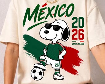 Meksykański piłkarz Snoopy PNG, projekt koszulki piłkarskiej 2026, flaga Meksyku, zabawna koszulka dla dzieci (pobieranie cyfrowe)
