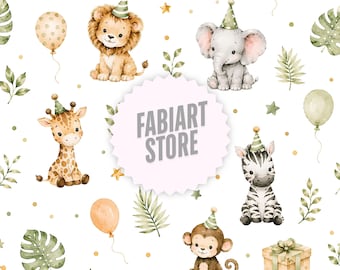 Wzór urodzinowy ze zwierzętami safari, cyfrowy papier ze zwierzętami dżungli, papier urodzinowy Wild One, cyfrowe pobieranie safari na baby shower