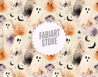 Wzór bezszwowego Halloween w stylu vintage, cyfrowy papier z duchami, akwarelowy papier na Halloween, upiorne tło z duchami do pobrania w wersji cyfrowej