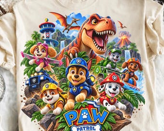 Przygoda z dinozaurem w kreskówkowym formacie PNG, projekt Rescue Pups Jungle, grafika na koszulce urodzinowej dla dzieci, cyfrowa wersja komiksowego zespołu ratunkowego