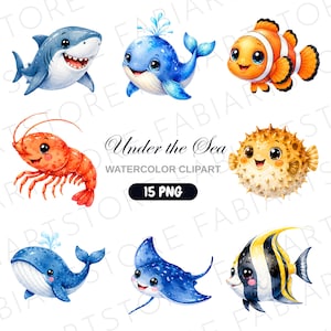 Puede incluir: Una colección de ilustraciones en acuarela que presenta un tiburón, una ballena, un pez payaso, un camarón, un pez globo y una raya. El texto dice Under the Sea WATERCOLOR CLIPART 15 PNG. Estas criaturas acuáticas tienen ojos grandes y sonrientes.