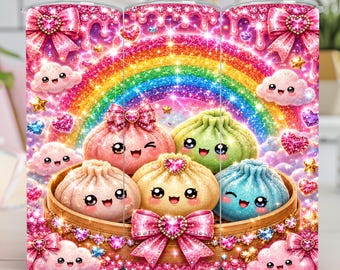 Cute Kawaii Dumpling Tumbler Wrap, Rainbow Dim Sum PNG, Glitter Food Sublimation Design Digital Download