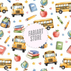 Peut inclure: Un motif répétitif composé de bus scolaires jaunes, de pommes rouges, de globes, de piles de livres, de cahiers, de crayons et de craies. Le texte FABIART STORE est centré dans une forme d'étoile blanche sur les illustrations à l'aquarelle.