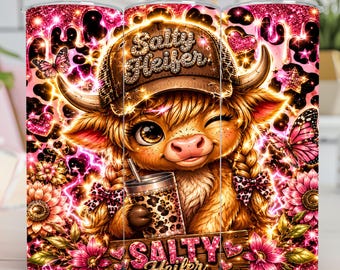 Salty Heifer Highland Cow Tumbler wrap PNG, 20oz skinny cowgirl western Glitter Tumbler Sublimation Design Digital Download