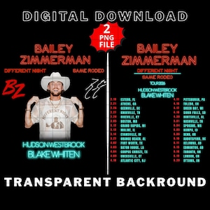 Może przedstawiać: Grafika do pobrania cyfrowego z datami trasy Bailey Zimmerman. Projekt zawiera tekst "Different Night, Same Rodeo" w neonowym stylu. Zawiera również zdjęcie Zimmermana w kapeluszu kowbojskim i koszuli z grafiką. Obraz jest zaprojektowany z przezroczystym tłem.