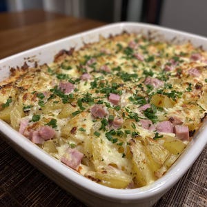 Può includere: Una teglia rettangolare bianca piena di patate, prosciutto e formaggio al forno, guarnita con erba cipollina fresca. Il piatto è dorato e bollente, con pezzi visibili di prosciutto e patate. La casseruola è cotta alla perfezione.