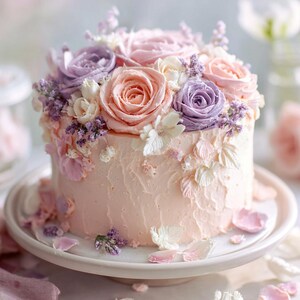 Op de afbeelding: Een ronde, lichtroze taart versierd met boterroomrozen en bloemversieringen in pasteltinten. De taart staat op een witte taartstandaard, met verspreide bloemblaadjes. De rozen zijn in roze en paarse tinten.