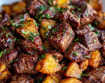 Knoblauchbutter Steak Bites & Kartoffeln Rezept | Druckbare PDF | Einfaches hausgemachtes Abendessen | Sofort Download