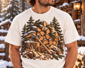 Op de afbeelding: Een wit t-shirt met korte mouwen en een grafische print van een stapel houtblokken bedekt met een laagje sneeuw, omringd door dennenbomen en dennenappels, met een metalen bijl die tegen een houten hakblok rust.