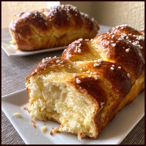 Puede incluir: Dos hogazas trenzadas de pan de brioche doradas y marrones, una parcialmente cortada, sobre platos rectangulares blancos. El pan está cubierto con cristales de azúcar blancos gruesos, y el interior es de color amarillo suave. El pan tiene un aspecto brillante y horneado.