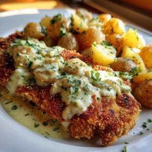May include: A plate of food featuring a breaded, fried cutlet, covered in a creamy sauce and garnished with fresh herbs. Alongside the cutlet are roasted potatoes, also garnished with herbs. The food is served on a white plate.