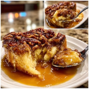Könnte beinhalten: Nahaufnahme eines Desserts mit einer reichhaltigen, karamellisierten Pekannuss-Topping. Das Dessert liegt in einer Karamellsauce auf einem weißen Teller. Ein Löffel hält einen Teil des Desserts.