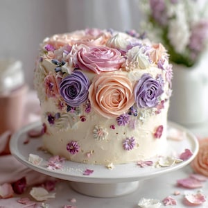 Può includere: Una torta rotonda decorata con glassa al burro e rose di crema al burro dai colori pastello. La torta è su un alzatina bianca, circondata da petali di fiori sparsi.
