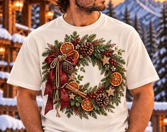 Op de afbeelding: Een crèmekleurig t-shirt met korte mouwen en een grote, gedetailleerde afbeelding van een kerstkrans. De krans bestaat uit groene dennentakken, dennenappels, gedroogde sinaasappelschijfjes, kaneelstokjes, rode bessen en sterren, geaccentueerd door een grote rode strik.