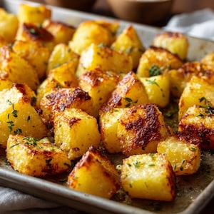 May include: Close-up of roasted potatoes on a baking sheet. The potatoes are golden brown with crispy edges and sprinkled with herbs. The potatoes are cut into bite-sized pieces, perfect for a side dish.
