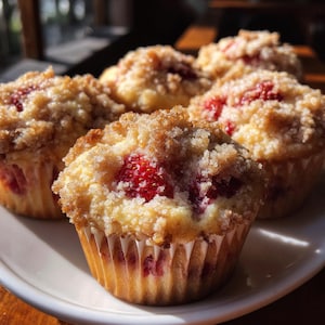 May include: Close-up of strawberry muffins on a white plate. The muffins have a golden-brown, crumbly topping and visible red strawberries. The muffins are in paper cases.