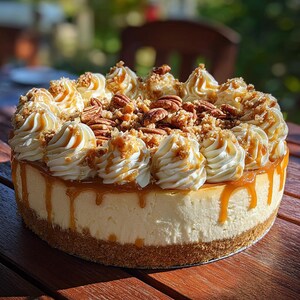 May include: A whole cheesecake with a graham cracker crust, topped with whipped cream swirls, caramel drizzle, chopped pecans, and a crumb topping. The cake is on a wooden table, with a blurred background of greenery.