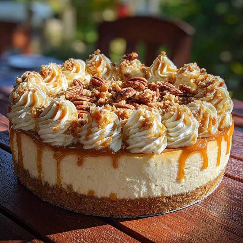May include: A whole cheesecake with a graham cracker crust, topped with whipped cream swirls, caramel drizzle, chopped pecans, and a crumb topping. The cake is on a wooden table, with a blurred background of greenery.