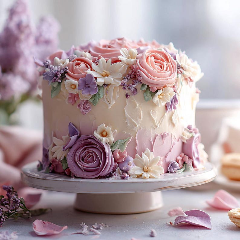 Op de afbeelding: Een ronde taart versierd met botercr&egrave;me glazuur en een reeks pastelkleurige bloemen. De taart heeft roze, paarse en witte bloemaccenten, waaronder rozen en madeliefjes. Hij staat op een witte taartstandaard, met verspreide bloemblaadjes.