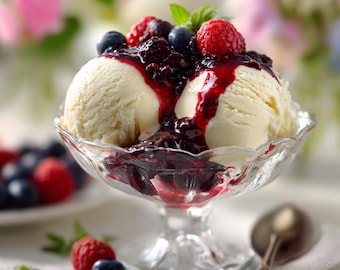 Homemade Vanilla Ice Cream with Mixed Berry Sauce Recipe | Easy | Printable PDF | Instant Download