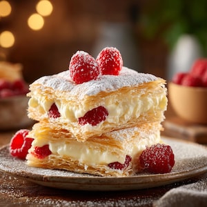 Peut inclure: Dessert de pâtisserie à deux couches avec une garniture crémeuse et des framboises fraîches, saupoudré de sucre glace. Le dessert est sur une assiette marron, avec des framboises supplémentaires en arrière-plan. La pâtisserie est dorée et feuilletée.