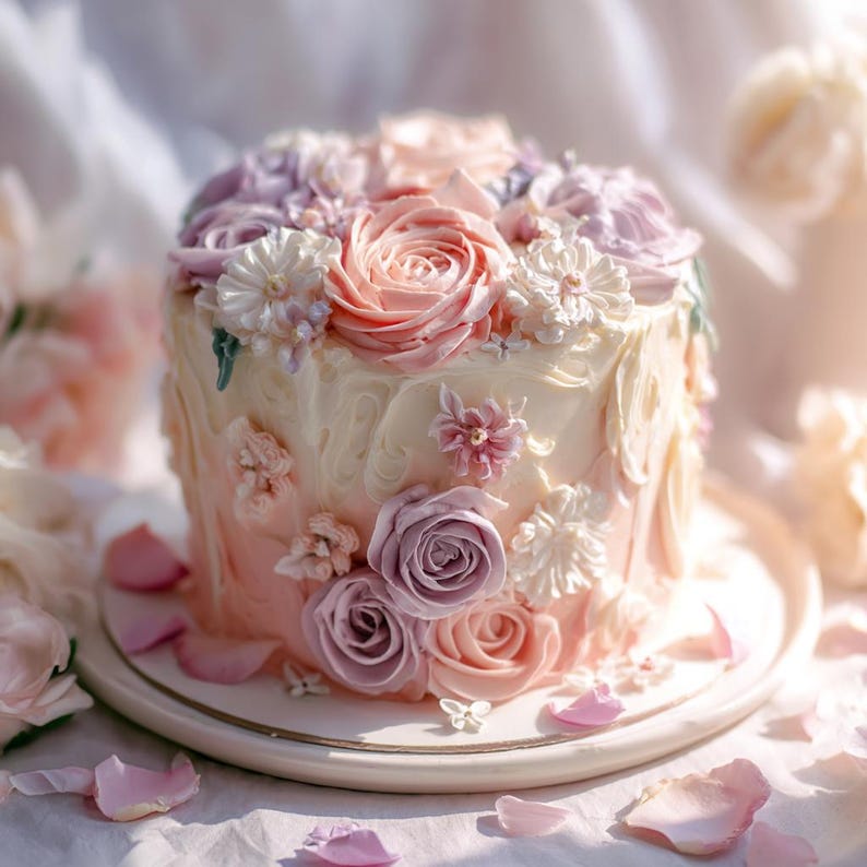 Op de afbeelding: Een ronde taart versierd met botercr&egrave;me glazuur en een reeks pastelkleurige bloemen. De taart heeft roze, lavendel en witte rozen, madeliefjes en andere bloemaccenten. De taart staat op een wit bord, met verspreide rozenblaadjes.
