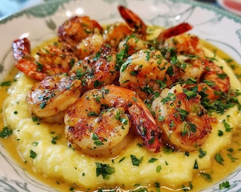 Cremige Knoblauchgarnelen mit Kartoffelpüree-Rezept | Einfaches selbstgemachtes PDF | Sofortiger digitaler Download | Druckbar