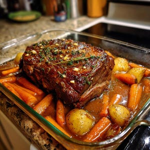 May include: A roasted beef dish in a glass baking dish. The beef is a rich brown color, garnished with herbs and garlic. Surrounding the beef are whole carrots and potatoes, all in a savory sauce.