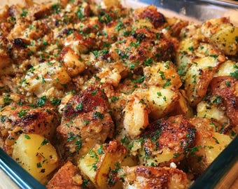Cheesy Garlic Roasted Potatoes Recipe | Printable PDF | Easy Homemade Side Dish | Instant Download