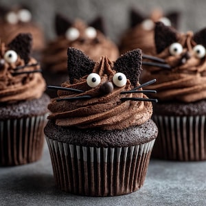 May include: Chocolate cupcakes decorated to resemble cats. Each cupcake has a dark brown base, topped with chocolate frosting, edible cat ears, white candy eyes, a chocolate nose, and black licorice whiskers. The cupcakes are in brown paper liners.