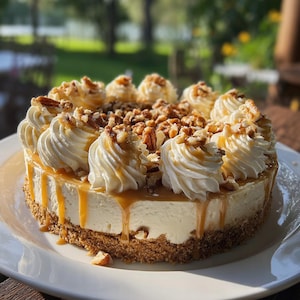 May include: A round cheesecake with a graham cracker crust, topped with swirls of whipped cream, caramel drizzle, and chopped pecans. The cake sits on a white plate, with a blurred outdoor background.