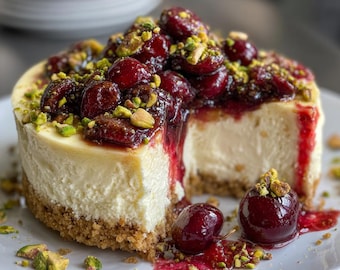 Kirsch-Pistazien-Käsekuchen Rezept | Sofortdownload | Hausgemachter Nachtisch | Einfaches PDF zum Ausdrucken