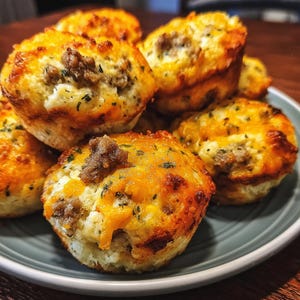 Può includere: Un piatto di muffin salati appena sfornati. I muffin sono dorati con formaggio fuso e pezzi di salsiccia visibili. I muffin sono su un piatto grigio, pronti per essere mangiati.