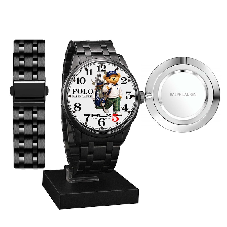 May include: Black stainless steel wristwatch with a white face featuring a Polo bear in golf attire. The watch has a black band and a separate band piece. The watch face displays the Polo Ralph Lauren logo and Swiss Made.