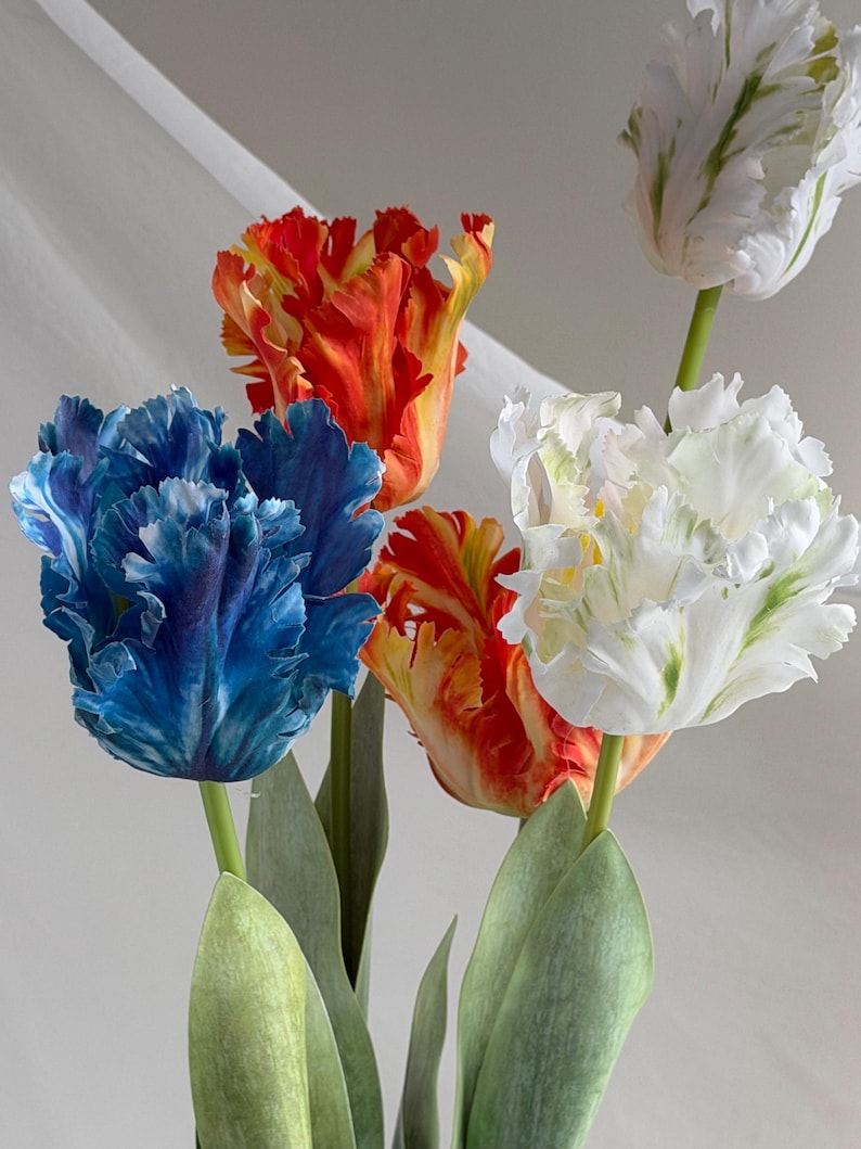 May include: A bouquet of colorful tulips with ruffled petals. The flowers display vibrant hues of blue, orange, and white, with green stems and leaves. The tulips are arranged against a soft, neutral background, creating a visually appealing floral arrangement.