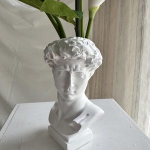 May include: A white bust of a classical figure, serving as a vase. The sculpture features detailed facial features and curly hair. White calla lilies and green leaves are arranged in the vase. The bust is placed on a white surface.