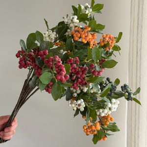 May include: A colourful artificial berry bouquet featuring red, orange, white, and green berries. The berries are clustered on brown stems with green leaves. The bouquet is held in a hand against a neutral background.