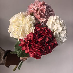 May include: A bouquet of colorful hydrangea flowers in shades of cream, pink, burgundy, and white. The flowers are held together by green stems and leaves. The arrangement is set against a neutral background.