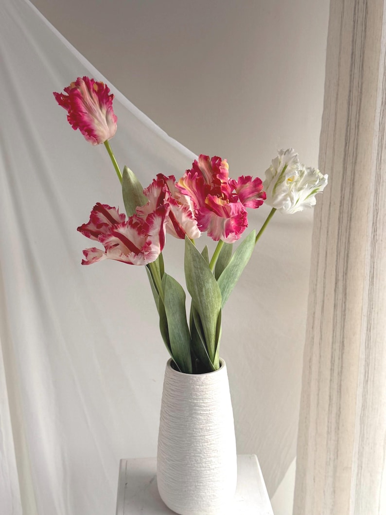 May include: A white textured vase holds a bouquet of tulips. The tulips have ruffled petals in shades of pink, red, and white, with green stems and leaves. The vase is on a white surface, with a white curtain in the background.