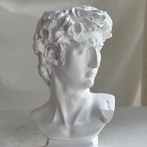 May include: A white bust sculpture of a man with curly hair, a defined jawline, and a classical aesthetic. The sculpture is mounted on a rectangular base. The bust is a decorative item, likely for home decor.