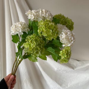 以下が含まれることがあります： 白と緑の花と緑の葉を持つ人工アジサイのブーケ。茶色の茎は黒い袖を着た人が持っています。背景は白い布です。