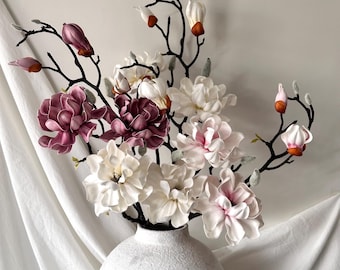 Konstgjorda Magnoliablommor av äkta silke, magnoliakvistar, bröllopsarrangemang, konstgjorda blommor, konstgjorda Magnoliablommor för heminredning