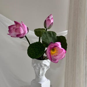 Puede incluir: Un jarrón busto blanco con forma de cabeza clásica contiene flores y capullos de loto rosas. Las flores tienen centros amarillos y hojas verdes. El jarrón está sobre una superficie blanca.