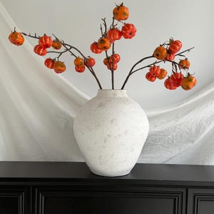 May include: A white, textured, round ceramic vase holds several dark brown branches adorned with small, round, orange fruits featuring vertical yellow stripes and green accents. The vase has a wide body and a narrow neck opening.