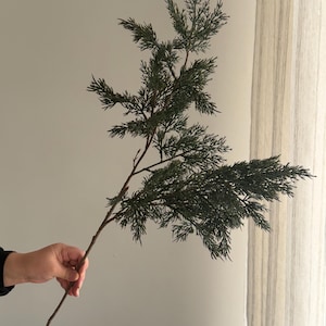 Puede incluir: Una rama artificial de hoja perenne verde oscuro con hojas en forma de aguja. La rama es sostenida por una mano sobre un fondo neutro. La rama tiene un tallo marrón y es un artículo decorativo.