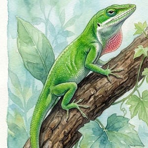 Puede incluir: Pintura a la acuarela de un lagarto anolis verde posado en una rama marrón. El lagarto tiene una gola roja y está rodeado de hojas verdes y un fondo azul claro. La obra de arte es detallada y realista.