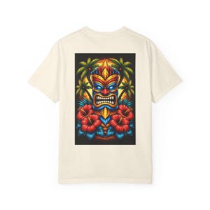 Tiki Mask Floral Design T-shirt | Tropical Hibiscus Palm Art