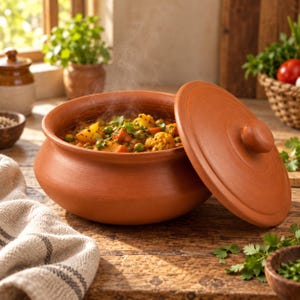 Puede incluir: Una olla de barro de color terracota con su tapa a juego apoyada al lado. La olla contiene un curry de verduras humeante con trozos visibles de coliflor, patatas, zanahorias y guisantes, decorado con hierbas verdes frescas.